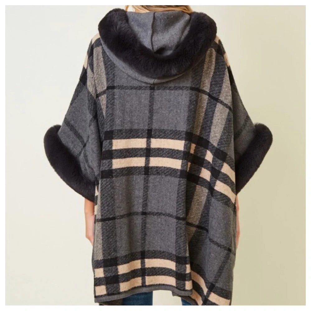 #47 Boho Fabulous Plaid Fur Trim Hooded Oversized Cozy Jacket Poncho - Picture 8 of 11